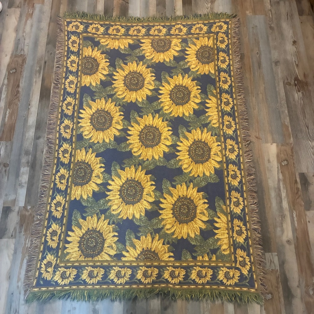 Vintage Woven Sunflower Tapestry Throw Blanket Fringed Boho Navy Gold Floral